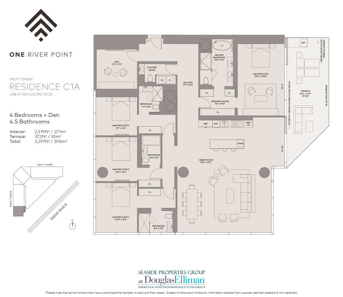 The Residence C1A West Floorplan at One River Point, Luxury Waterfront Condos in Miami, Florida 33130
