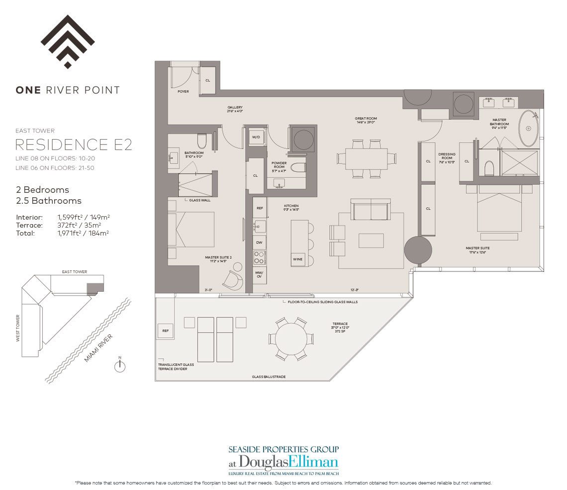 The Residence E2 East Floorplan at One River Point, Luxury Waterfront Condos in Miami, Florida 33130