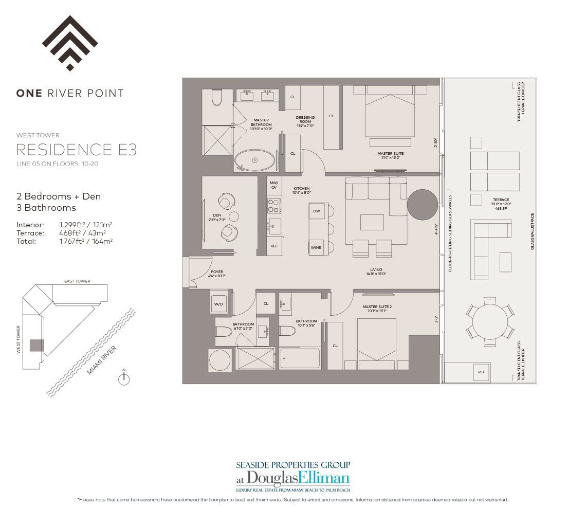 The Residence E3 West Floorplan at One River Point, Luxury Waterfront Condos in Miami, Florida 33130