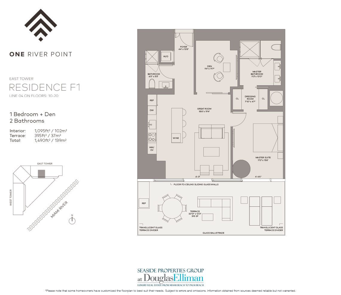 The Residence F1 East Floorplan at One River Point, Luxury Waterfront Condos in Miami, Florida 33130