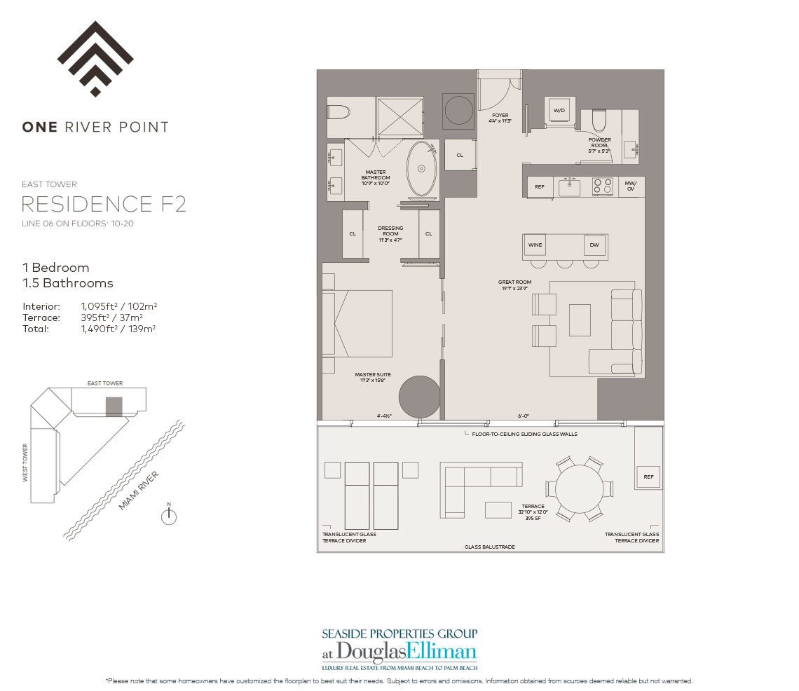 The Residence F2 East Floorplan at One River Point, Luxury Waterfront Condos in Miami, Florida 33130