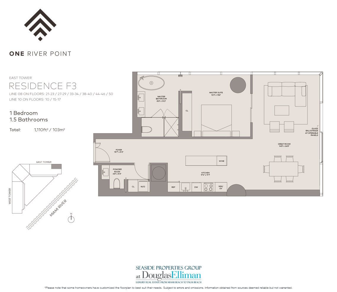 The Residence F3 East Floorplan at One River Point, Luxury Waterfront Condos in Miami, Florida 33130