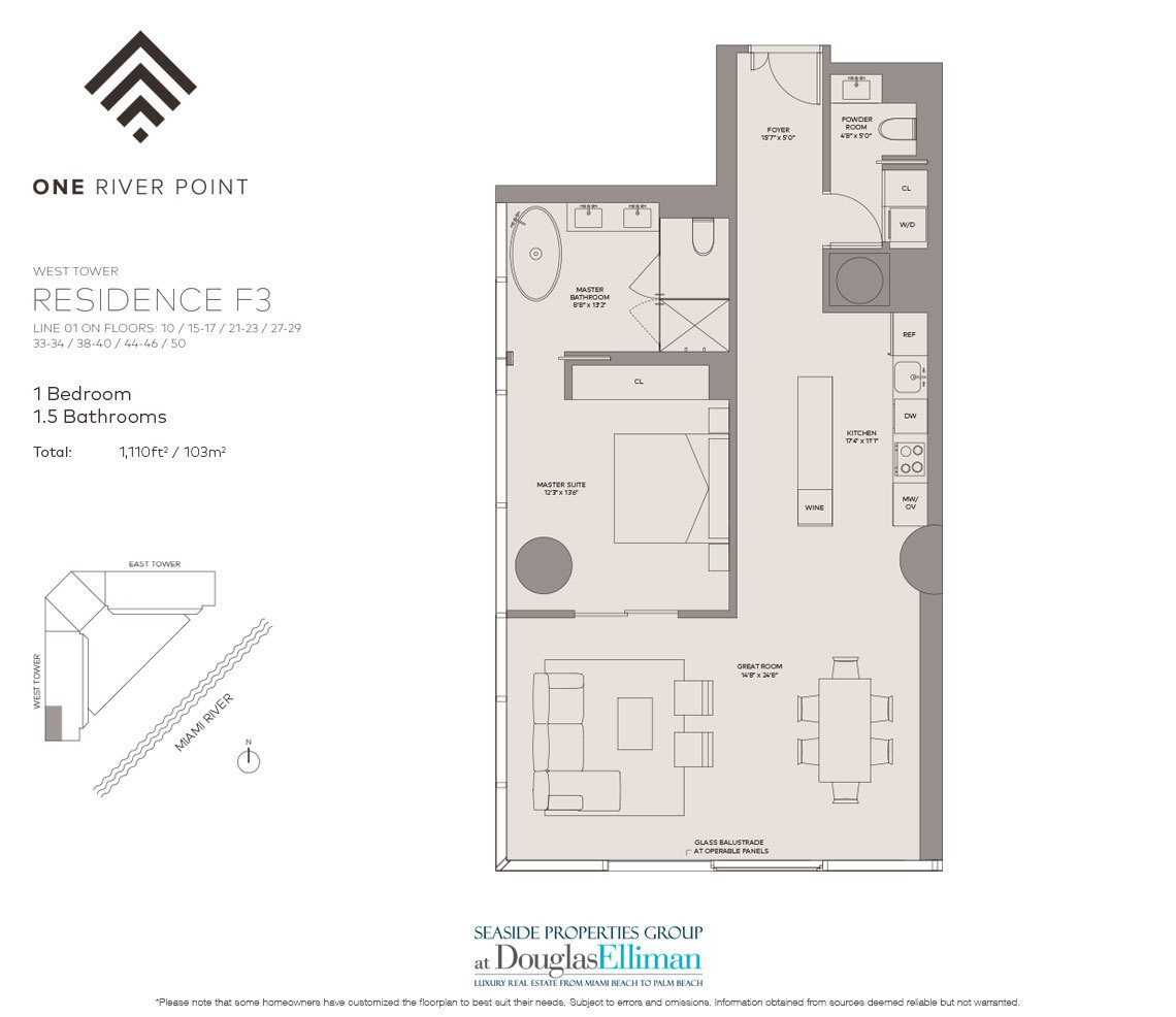 The Residence F3 West Floorplan at One River Point, Luxury Waterfront Condos in Miami, Florida 33130