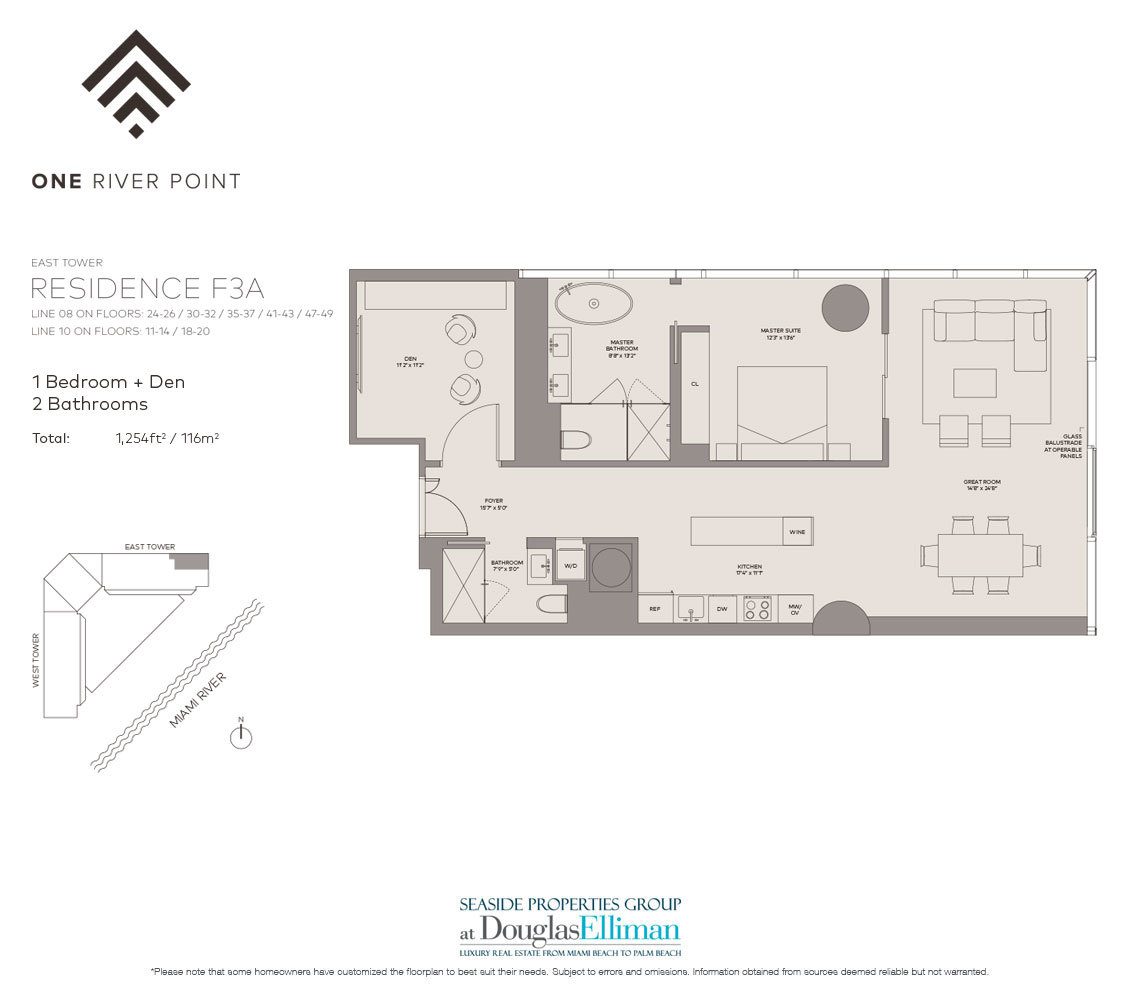 The Residence F3A East Floorplan at One River Point, Luxury Waterfront Condos in Miami, Florida 33130