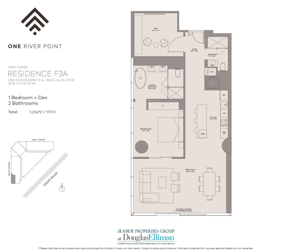 The Residence F3A West Floorplan at One River Point, Luxury Waterfront Condos in Miami, Florida 33130