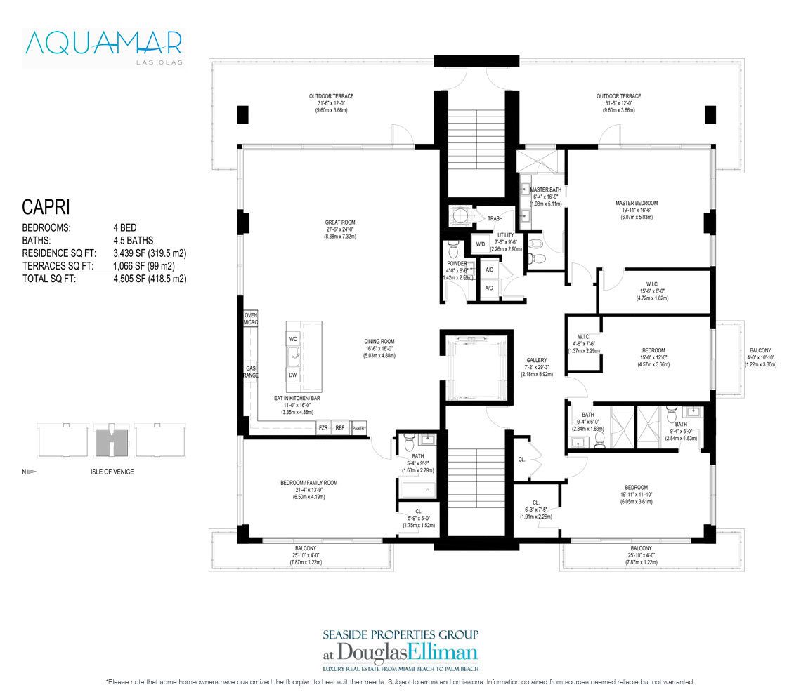 The Capri Model Floorplan for AquaMar Las Olas, Luxury Waterfront Condos in Fort Lauderdale, Florida 33301