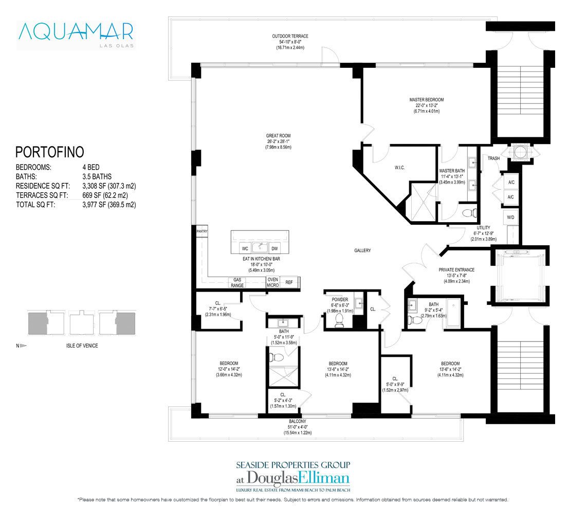 The Portofino Model Floorplan for AquaMar Las Olas, Luxury Waterfront Condos in Fort Lauderdale, Florida 33301