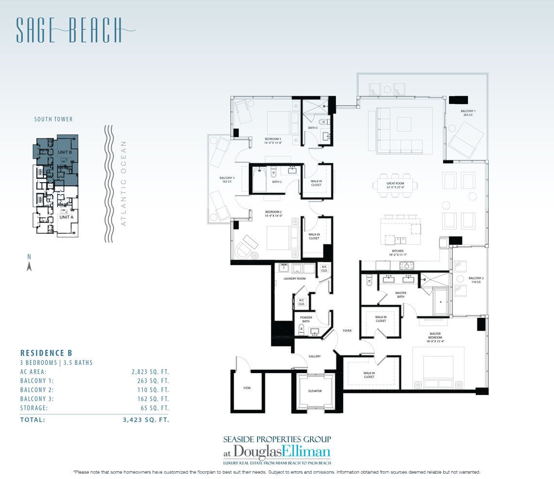 The Residence B Floorplan at Sage Beach, Luxury Oceanfront Condos in Hollywood Beach Florida 33019