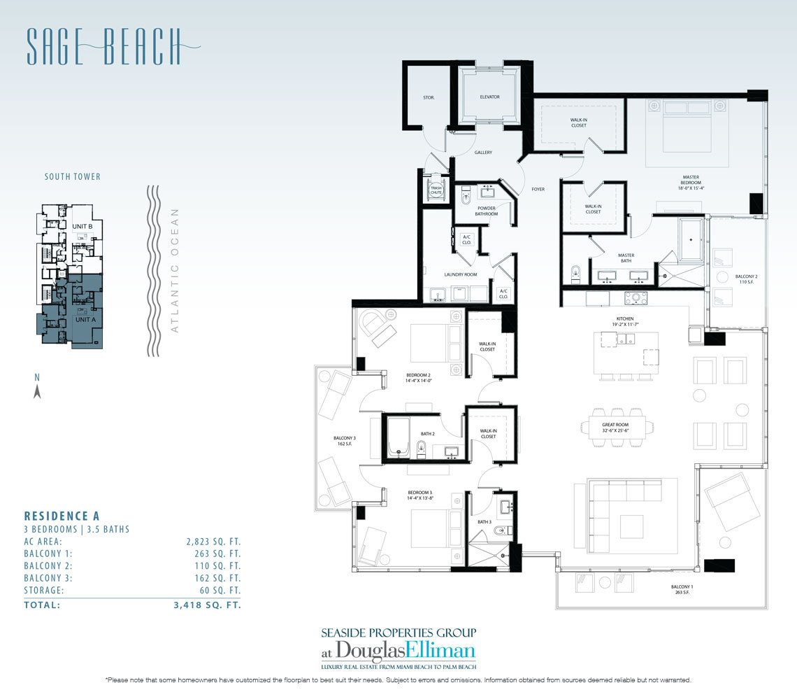 Residence A Floorplan for Sage Beach, Luxury Oceanfront Condos in Hollywood Beach Florida 33019