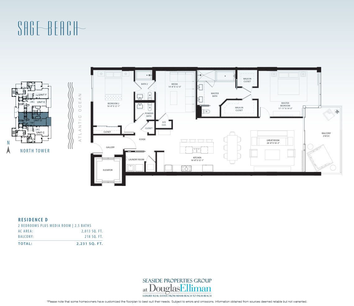 The Residence D Floorplan at Sage Beach, Luxury Oceanfront Condos in Hollywood Beach Florida 33019
