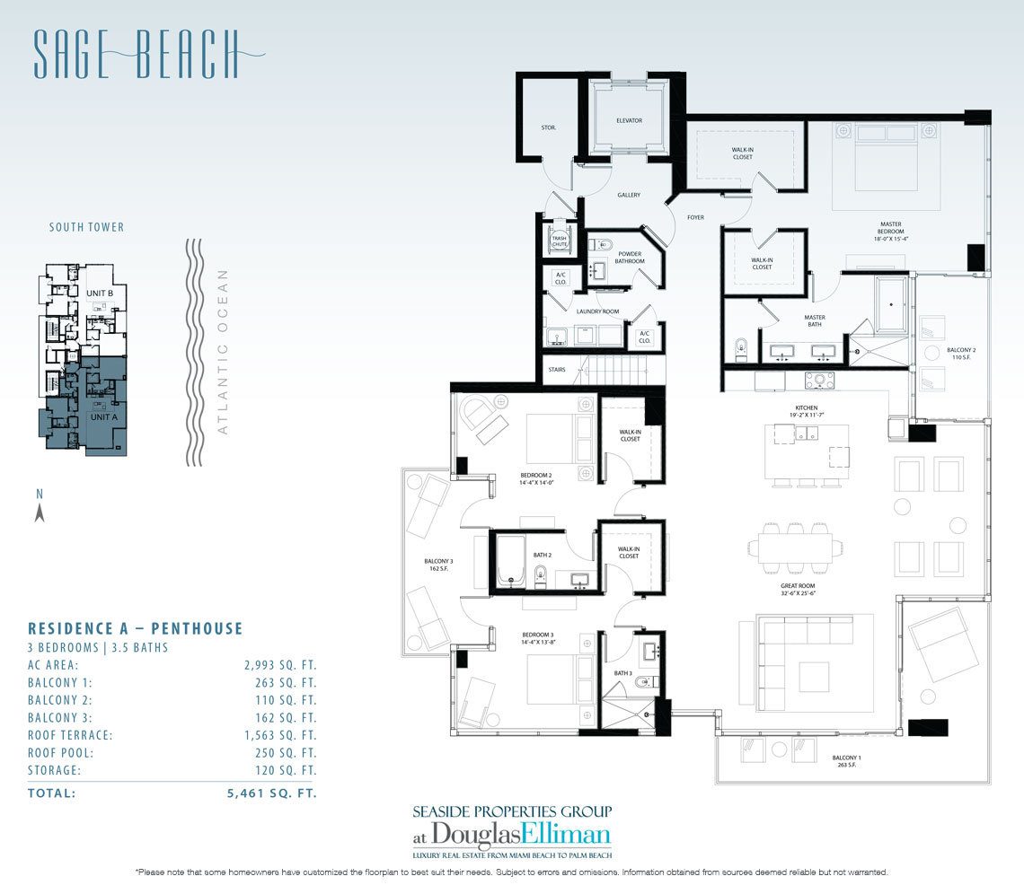 The Penthouse A Floorplan at Sage Beach, Luxury Oceanfront Condos in Hollywood Beach Florida 33019