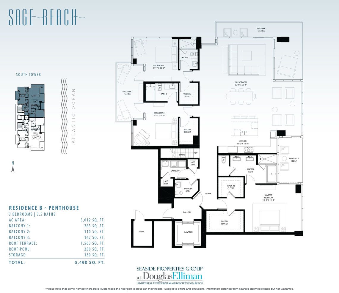 The Penthouse B Floorplan at Sage Beach, Luxury Oceanfront Condos in Hollywood Beach Florida 33019