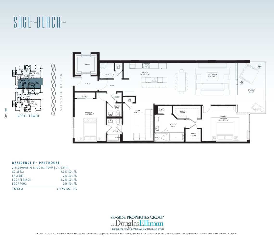 The Penthouse E Floorplan at Sage Beach, Luxury Oceanfront Condos in Hollywood Beach Florida 33019