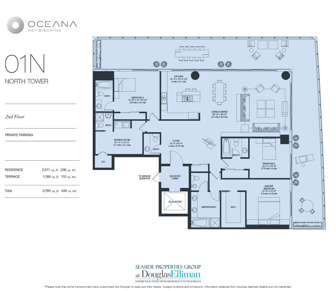 The Model 01 North, 2nd Floor Floorplan at Oceana Key Biscayne, Luxury Oceanfront Condos in Miami, Florida 33149