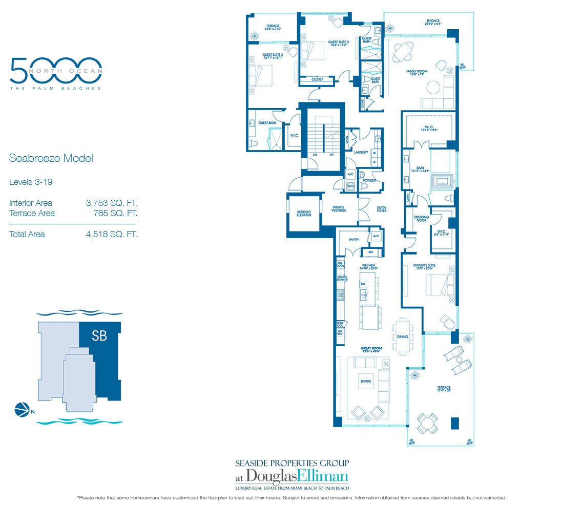 The Seabreeze Floorplan for 5000 North Ocean, Luxury Oceanfront Condos in Riviera Beach, Florida 33404.