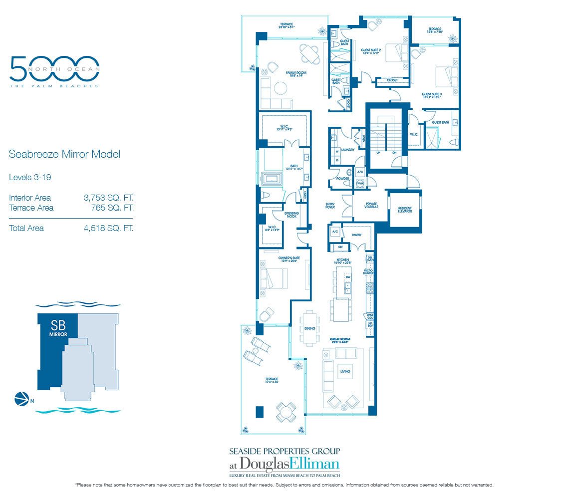 The Seabreeze Mirror Floorplan for 5000 North Ocean, Luxury Oceanfront Condos in Riviera Beach, Florida 33404.