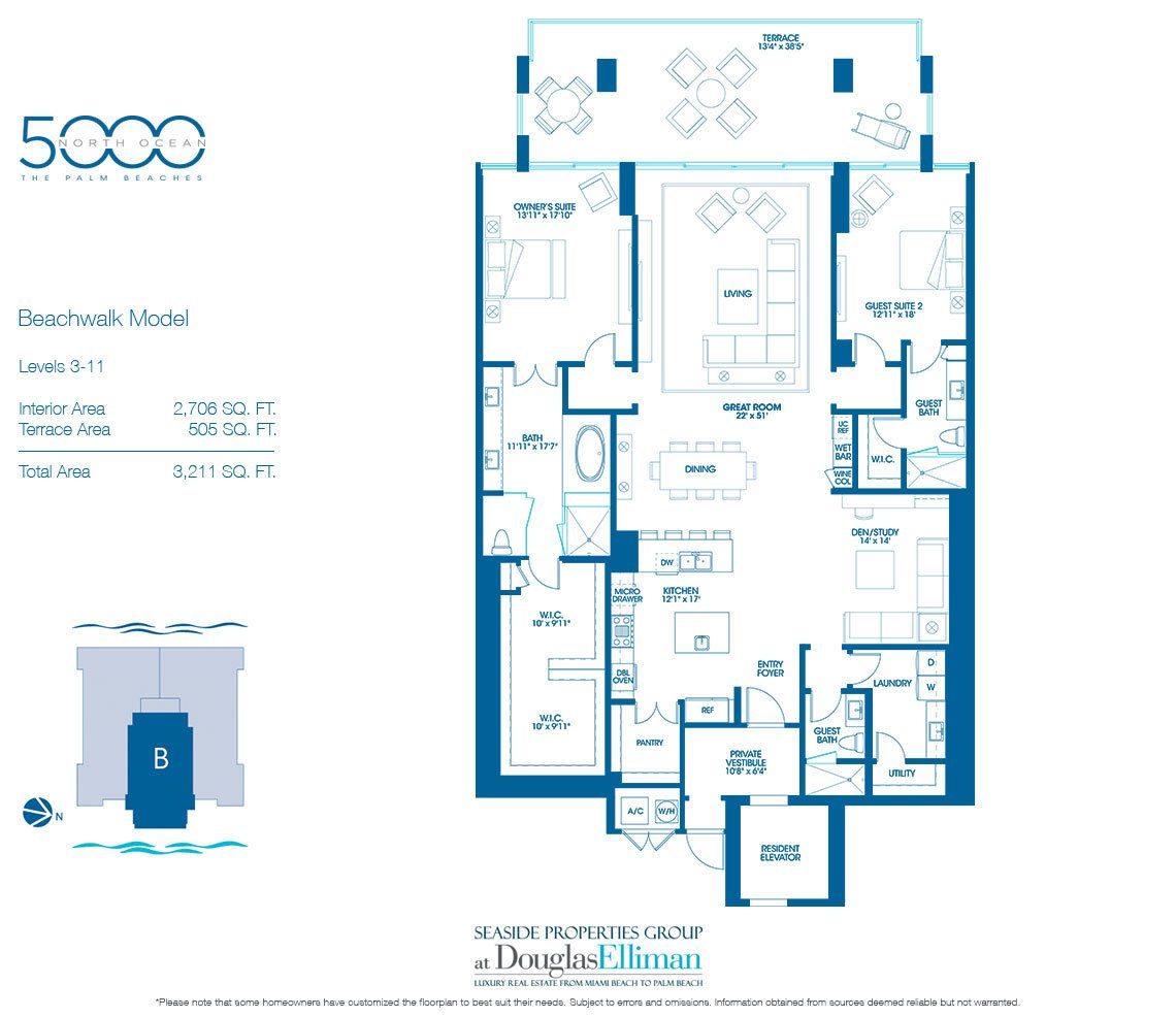 The Beachwalk Floorplan for 5000 North Ocean, Luxury Oceanfront Condos in Riviera Beach, Florida 33404.