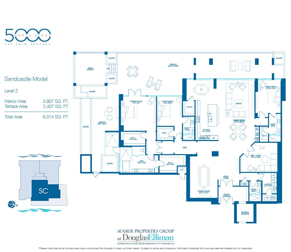 The Sandcastle Floorplan for 5000 North Ocean, Luxury Oceanfront Condos in Riviera Beach, Florida 33404.