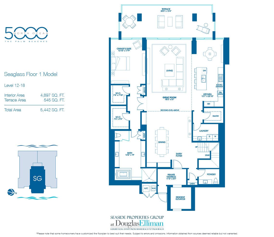 The Seaglass Floor 1 Floorplan for 5000 North Ocean, Luxury Oceanfront Condos in Riviera Beach, Florida 33404.