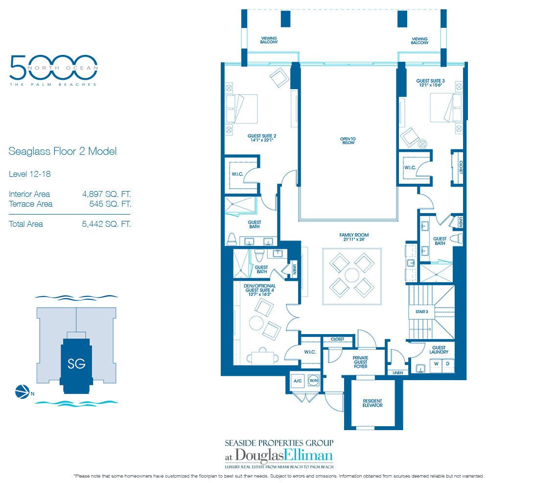 The Seaglass Floor 2 Floorplan for 5000 North Ocean, Luxury Oceanfront Condos in Riviera Beach, Florida 33404.