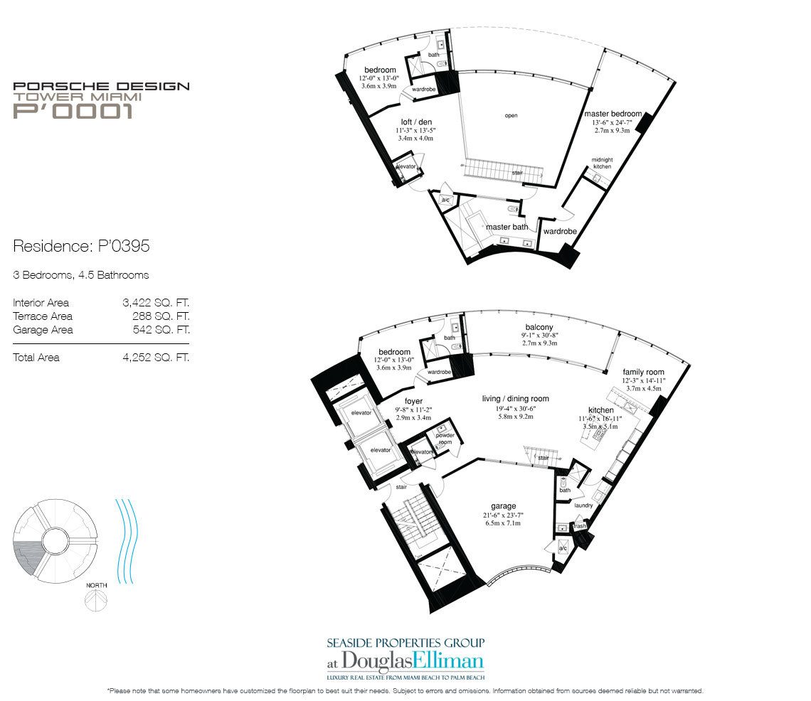 The P'0395 Floorplan for Porsche Design Tower Miami, Luxury Oceanfront Condos in Sunny Isles Beach, Florida 33160
