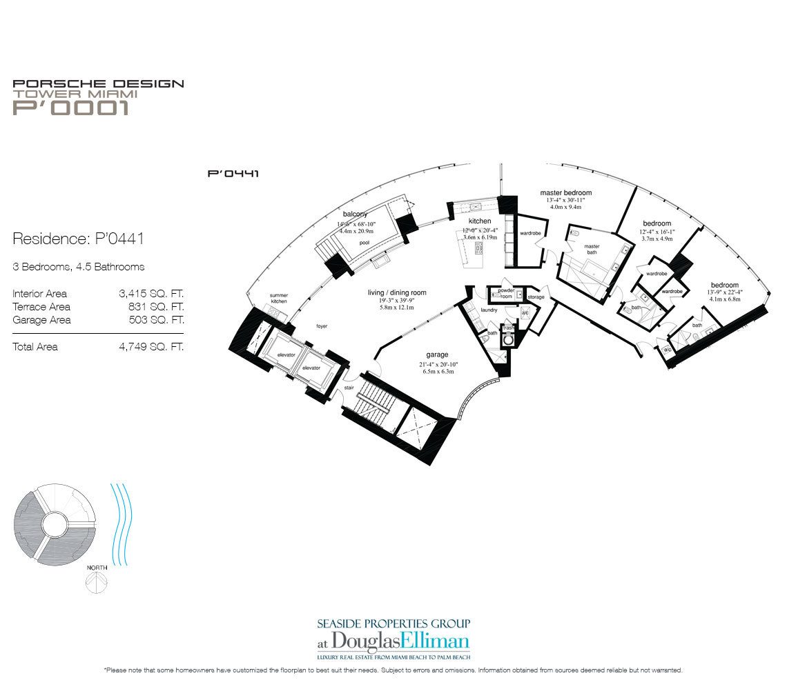 The P'0441 Floorplan for Porsche Design Tower Miami, Luxury Oceanfront Condos in Sunny Isles Beach, Florida 33160