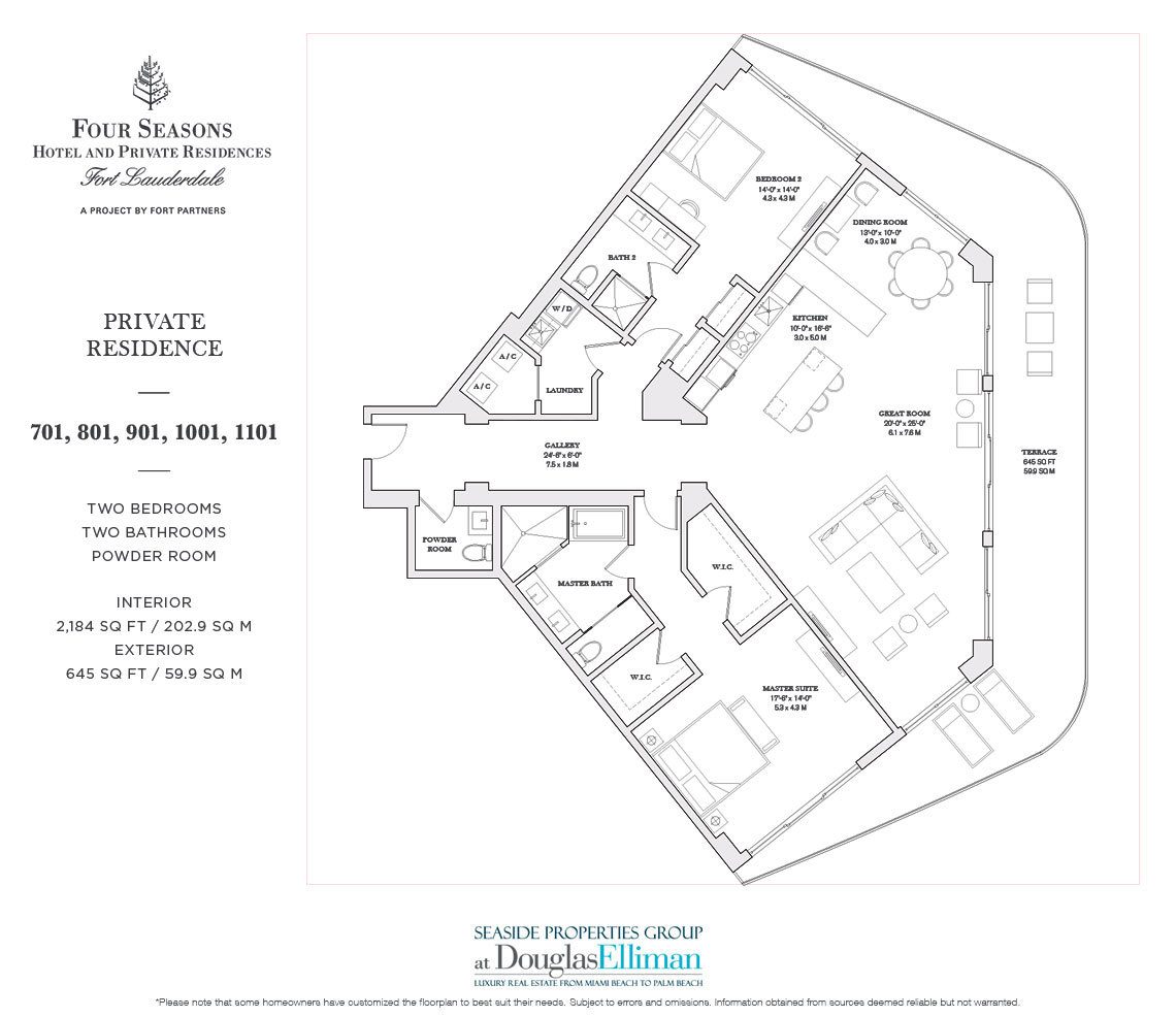 The 701-1101 Model Floorplan for the Four Seasons Private Residences Fort Lauderdale, Luxury Oceanfront Condos in Fort Lauderdale, Florida 33304.