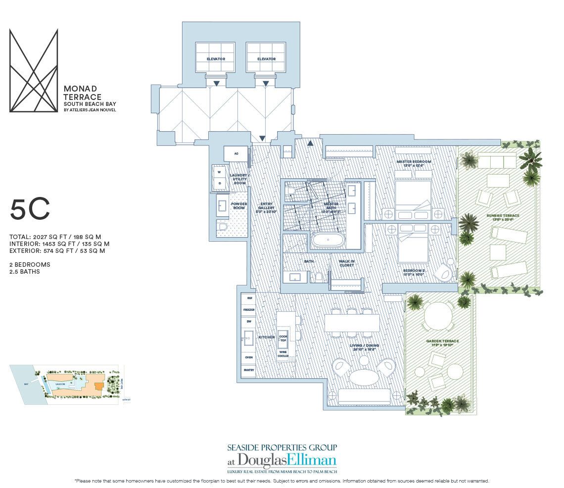 The 5C Model Floorplan for Monad Terrace, Luxury Waterfront Condos in South Beach, Miami, Florida 33139.
