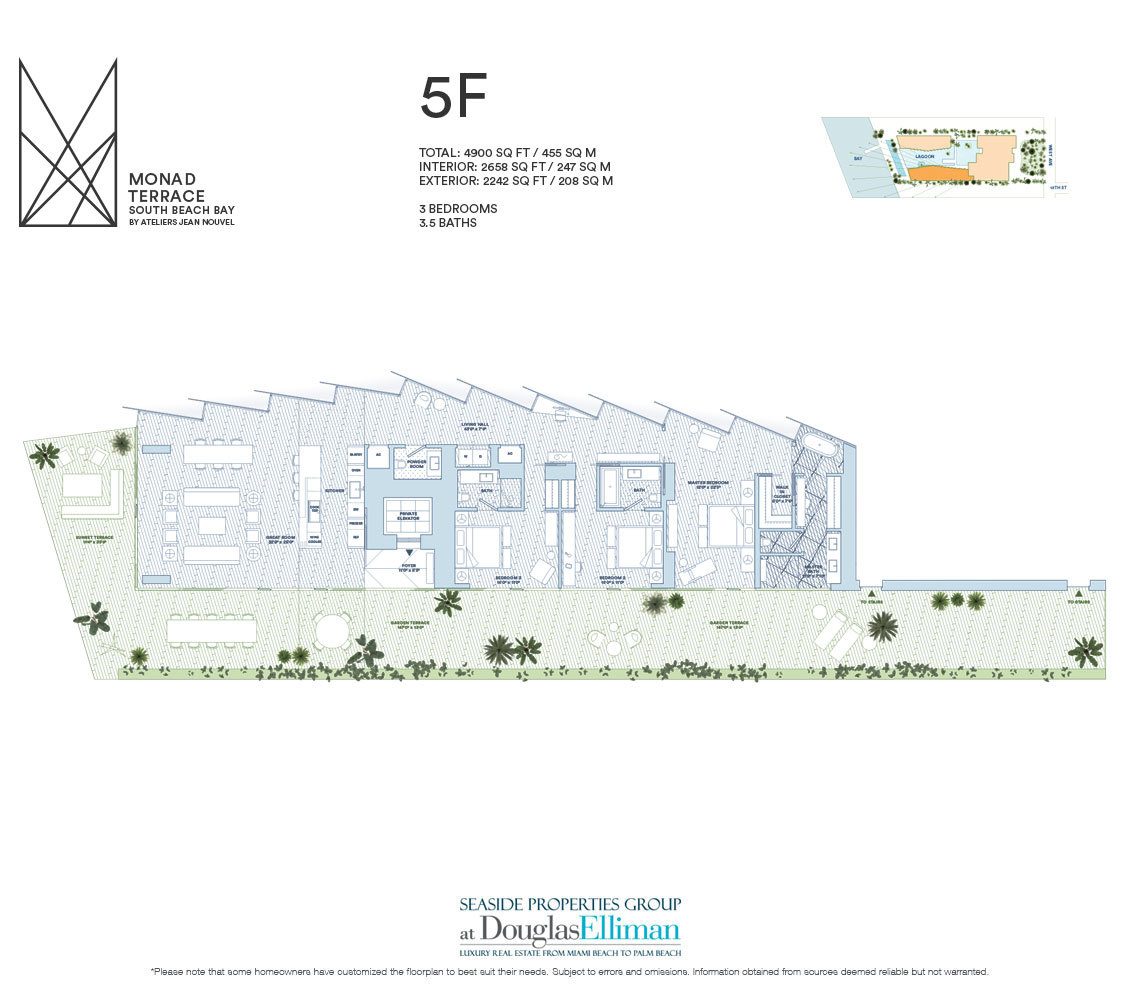 The 5F Model Floorplan for Monad Terrace, Luxury Waterfront Condos in South Beach, Miami, Florida 33139.