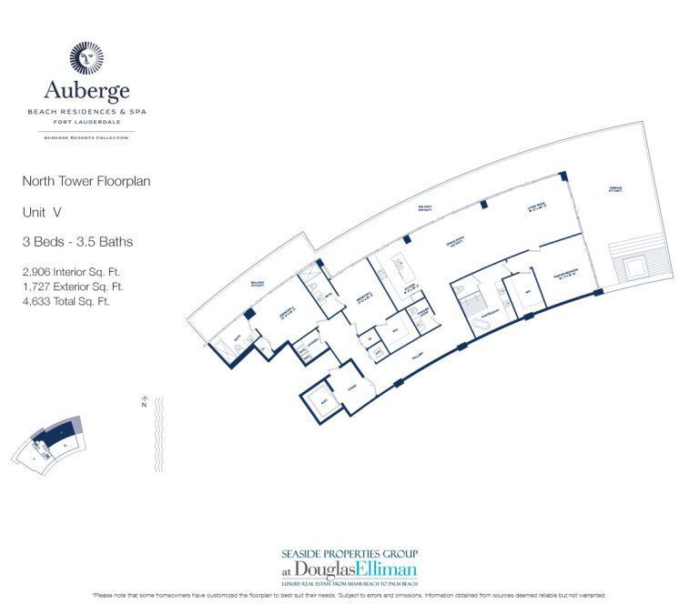 Unit V Floorplan for Auberge Beach Residences and Spa, Luxury Oceanfront Condos in Fort Lauderdale, 33305.
