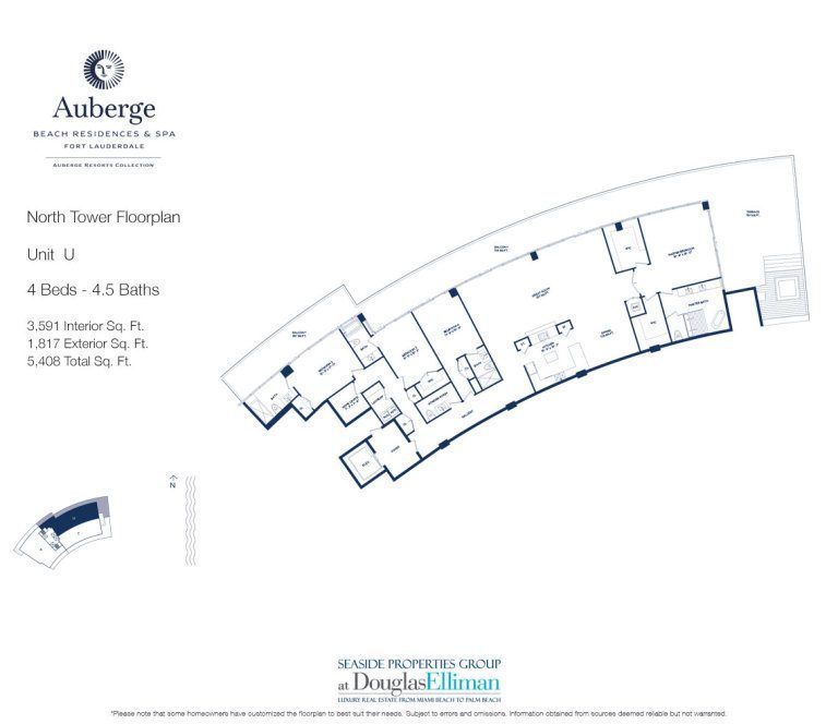 Unit U Floorplan for Auberge Beach Residences and Spa, Luxury Oceanfront Condos in Fort Lauderdale, 33305.