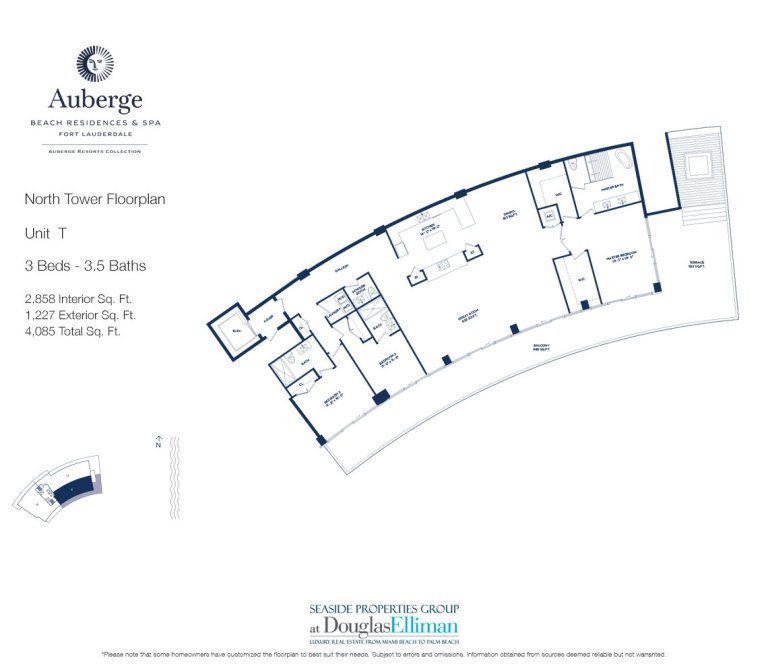 Unit T Floorplan for Auberge Beach Residences and Spa, Luxury Oceanfront Condos in Fort Lauderdale, 33305.