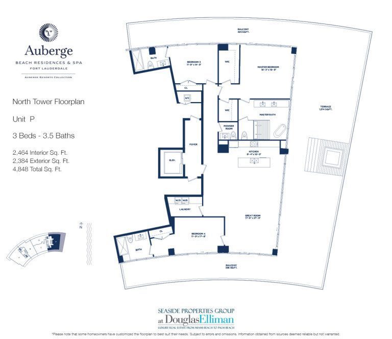 Unit P Floorplan for Auberge Beach Residences and Spa, Luxury Oceanfront Condos in Fort Lauderdale, 33305.
