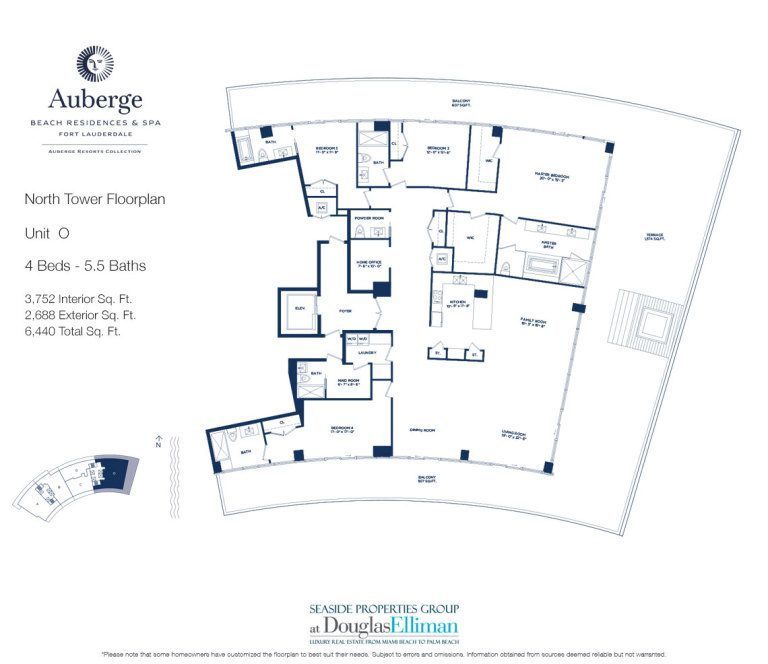 Unit O Floorplan for Auberge Beach Residences and Spa, Luxury Oceanfront Condos in Fort Lauderdale, 33305.