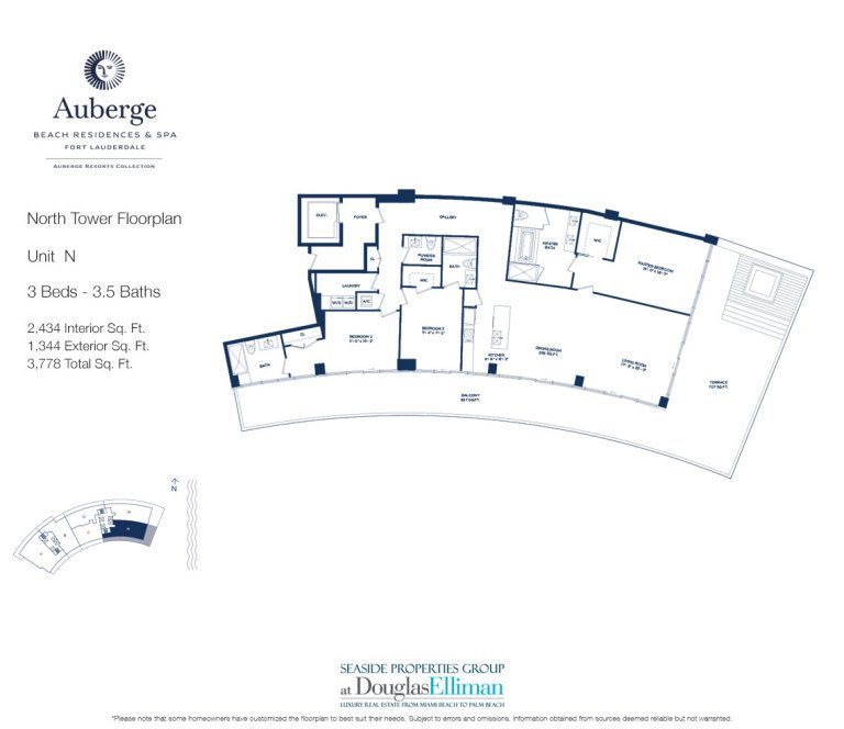 Unit N Floorplan for Auberge Beach Residences and Spa, Luxury Oceanfront Condos in Fort Lauderdale, 33305.