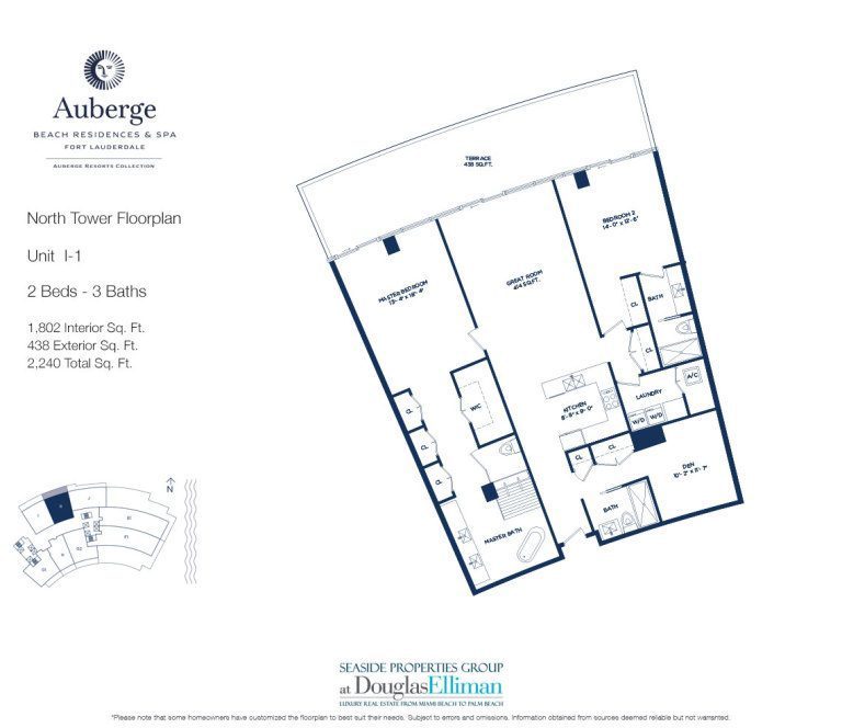 Unit I-1 Floorplan for Auberge Beach Residences and Spa, Luxury Oceanfront Condos in Fort Lauderdale, 33305.
