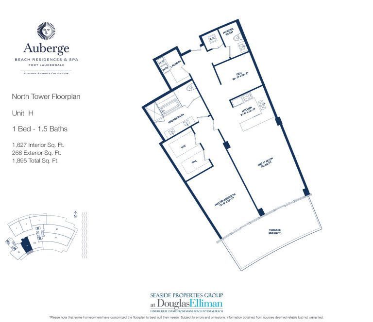 Unit H Floorplan for Auberge Beach Residences and Spa, Luxury Oceanfront Condos in Fort Lauderdale, 33305.