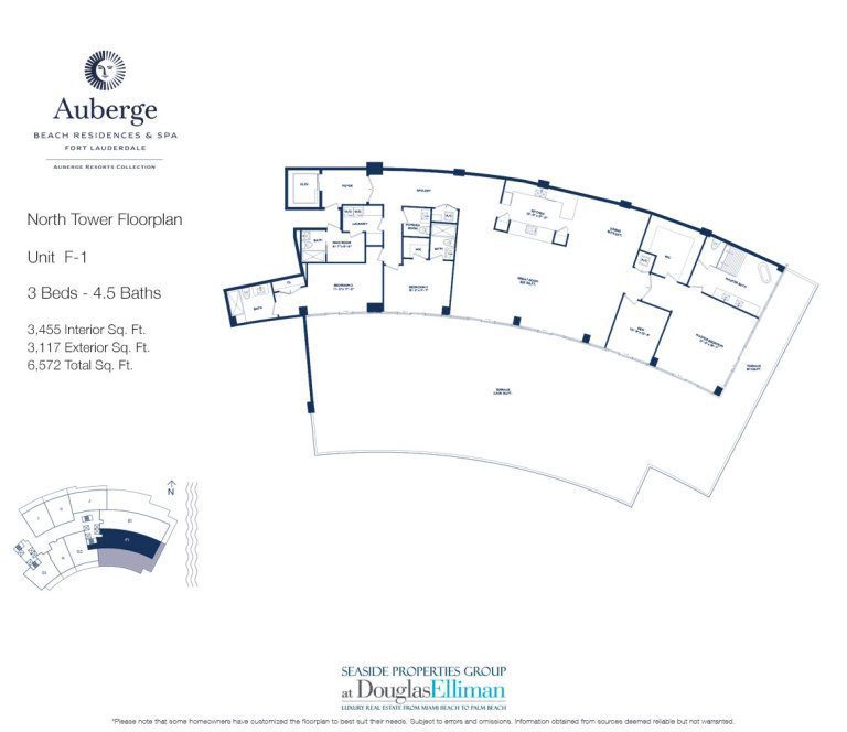 Unit F-1 Floorplan for Auberge Beach Residences and Spa, Luxury Oceanfront Condos in Fort Lauderdale, 33305.
