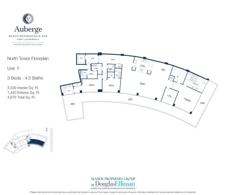 Unit F Floorplan for Auberge Beach Residences and Spa, Luxury Oceanfront Condos in Fort Lauderdale, 33305.