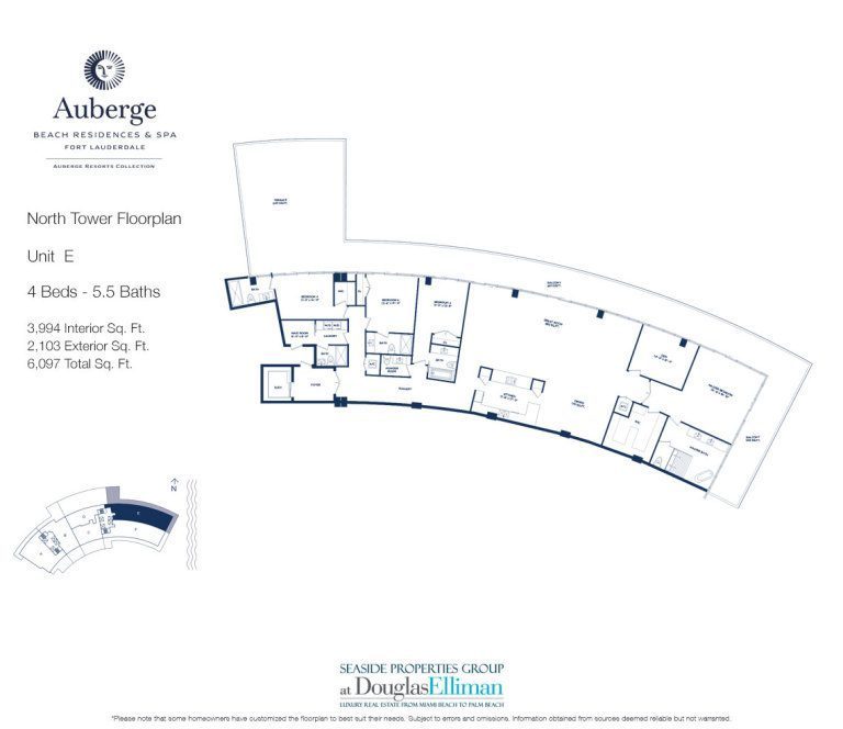 Unit E Floorplan for Auberge Beach Residences and Spa, Luxury Oceanfront Condos in Fort Lauderdale, 33305.