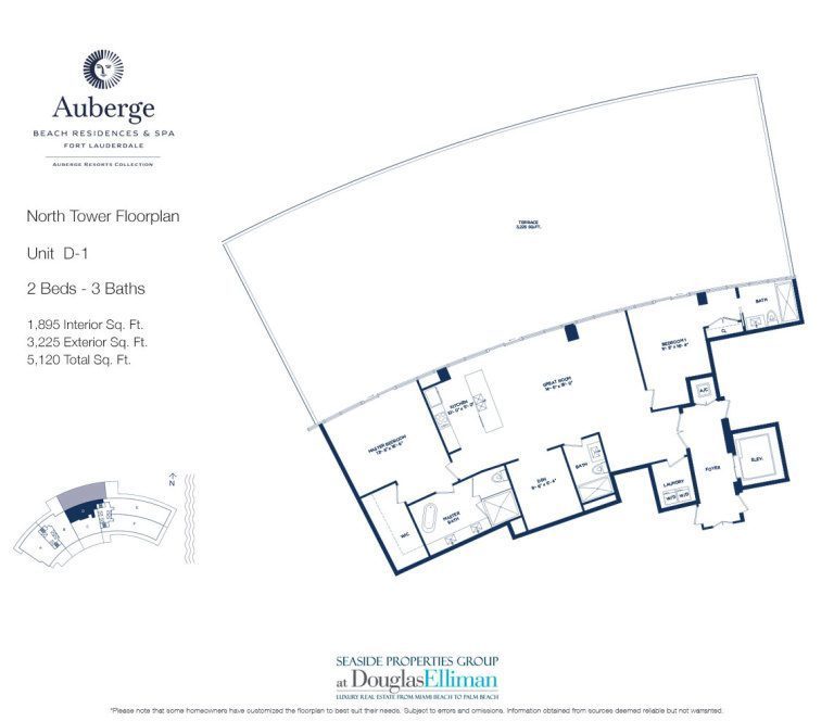 Unit D-1 Floorplan for Auberge Beach Residences and Spa, Luxury Oceanfront Condos in Fort Lauderdale, 33305.