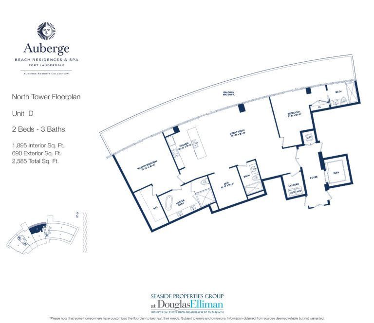 Unit D Floorplan for Auberge Beach Residences and Spa, Luxury Oceanfront Condos in Fort Lauderdale, 33305.