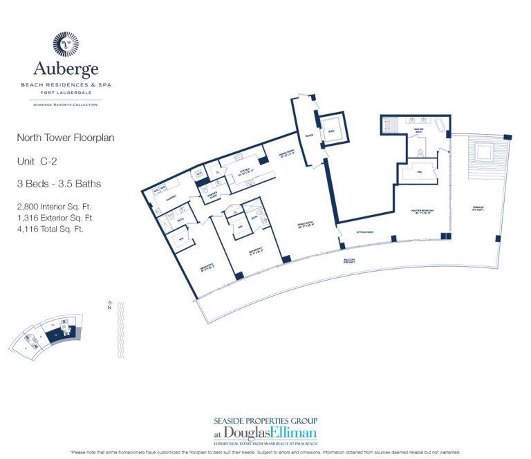 Unit C-2 Floorplan for Auberge Beach Residences and Spa, Luxury Oceanfront Condos in Fort Lauderdale, 33305.