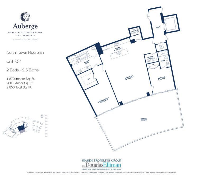 Unit C-1 Floorplan for Auberge Beach Residences and Spa, Luxury Oceanfront Condos in Fort Lauderdale, 33305.