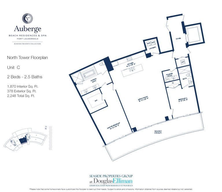 Unit C Floorplan for Auberge Beach Residences and Spa, Luxury Oceanfront Condos in Fort Lauderdale, 33305.