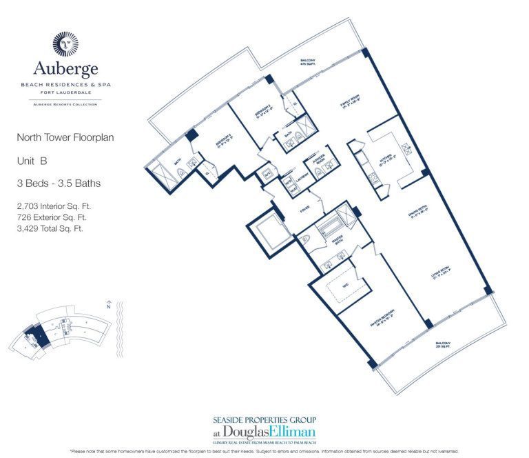 Unit B Floorplan for Auberge Beach Residences and Spa, Luxury Oceanfront Condos in Fort Lauderdale, 33305.