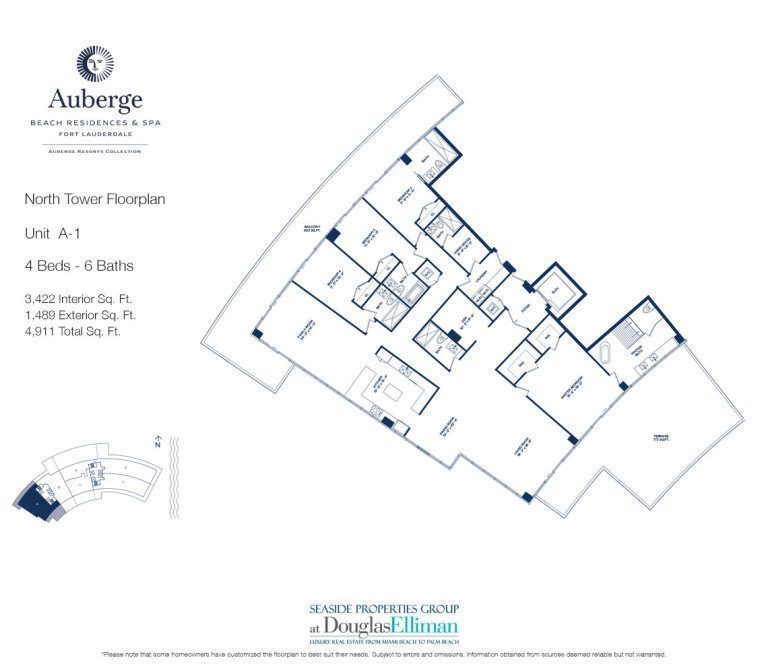 Unit A-1 Floorplan for Auberge Beach Residences and Spa, Luxury Oceanfront Condos in Fort Lauderdale, 33305.