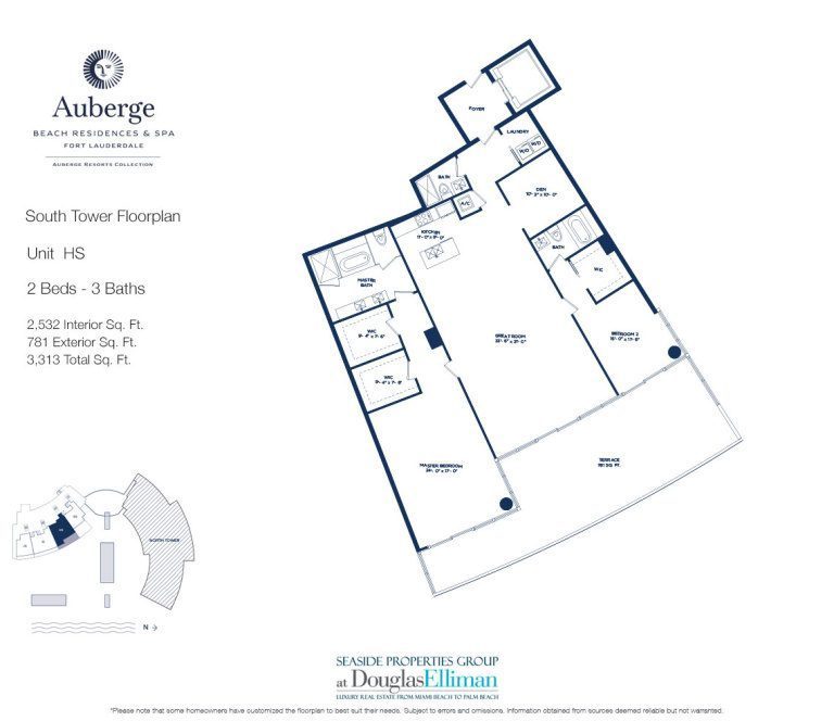 Unit HS Floorplan for Auberge Beach Residences and Spa, Luxury Oceanfront Condos in Fort Lauderdale, 33305.