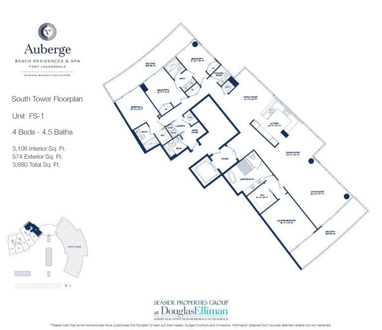 Unit FS-1 Floorplan for Auberge Beach Residences and Spa, Luxury Oceanfront Condos in Fort Lauderdale, 33305.