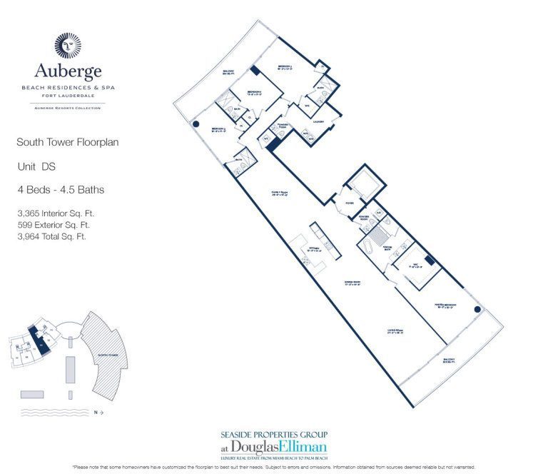 Unit DS Floorplan for Auberge Beach Residences and Spa, Luxury Oceanfront Condos in Fort Lauderdale, 33305.